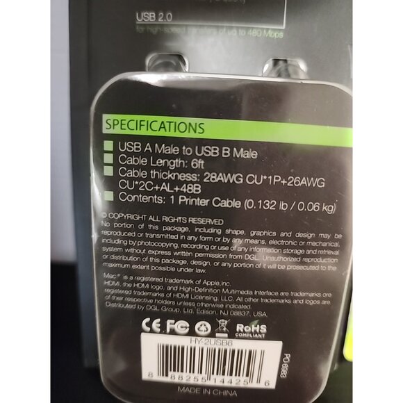 2 pack HYPE 6 ft USB 2.0 Printer Cable Connects PC or MAC A to B Male connector - Picture 3 of 4